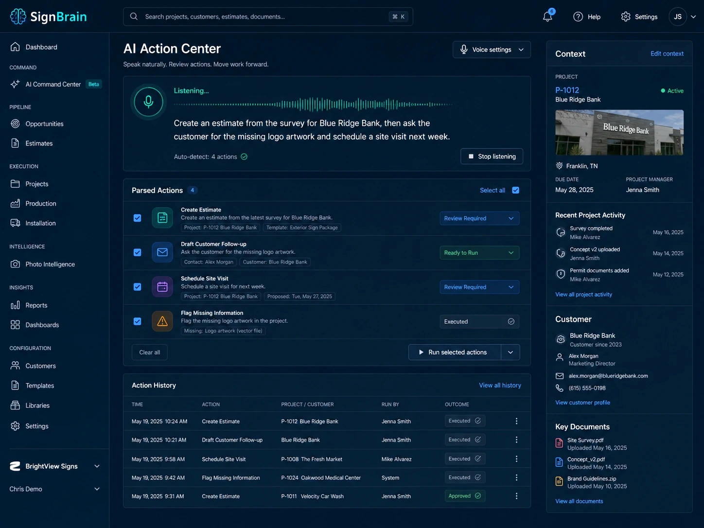 Example SignBrain AI Action Center screenshot showing speech-driven actions for sign company workflow