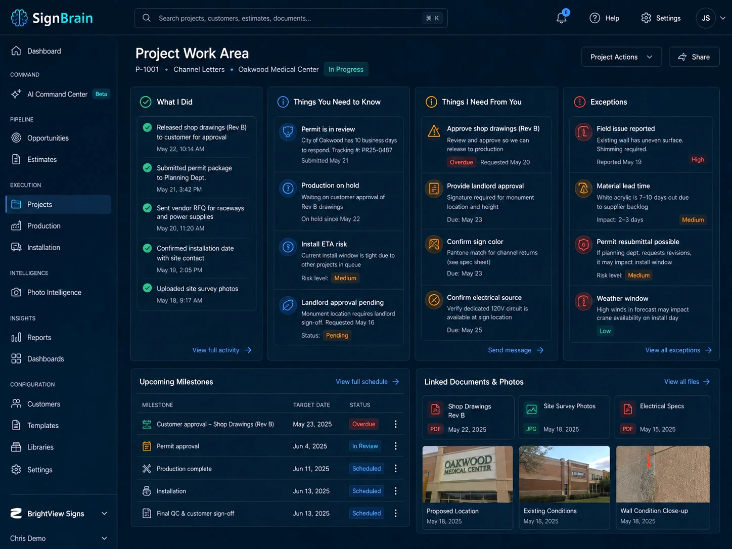 Example SignBrain project work area screenshot with PM updates, exceptions and requested decisions